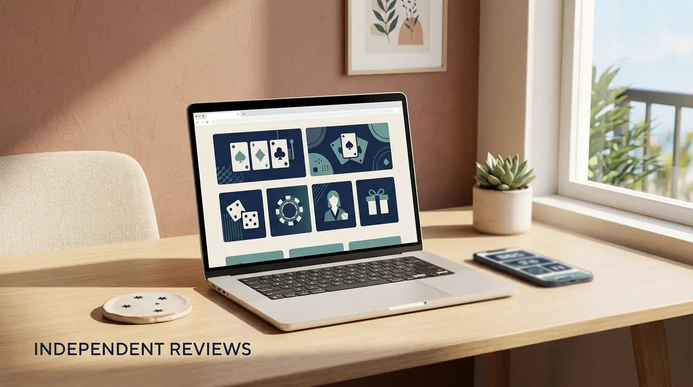 Editorial illustration of desktop and mobile online casino browsing with subtle Australian visual cues