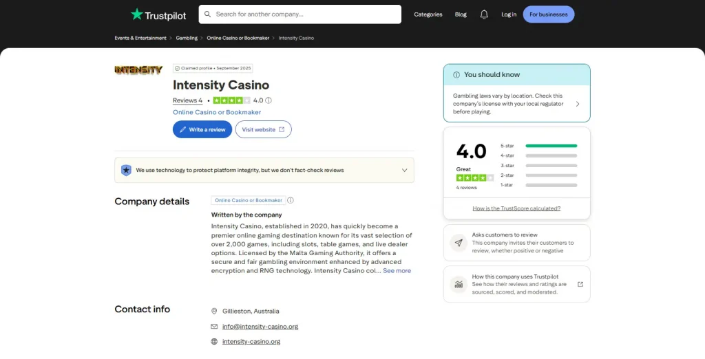 Current Intensity Casino Trustpilot profile showing its domain identity and review summary