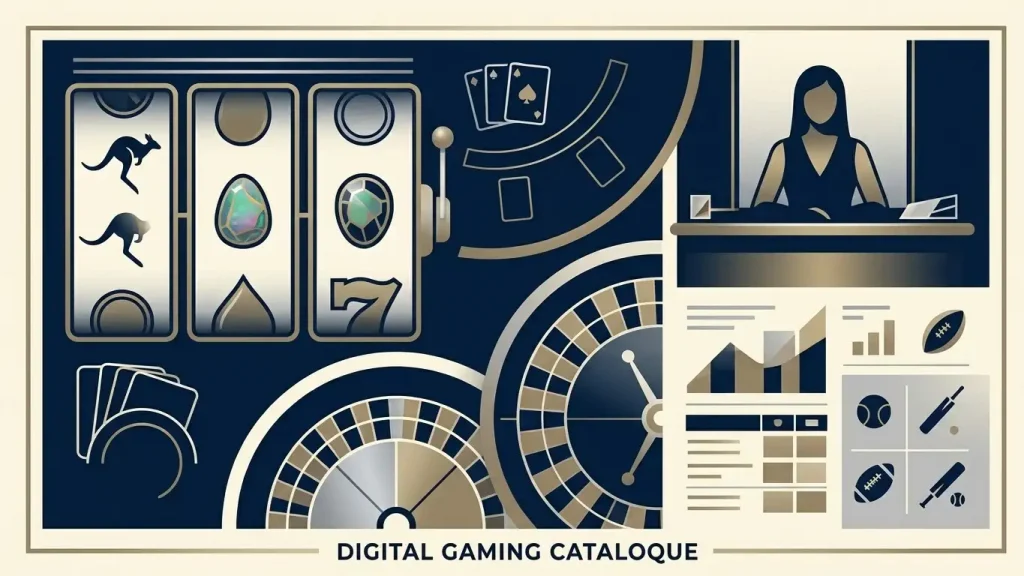 Editorial collage representing online pokies, roulette, blackjack and sports betting categories