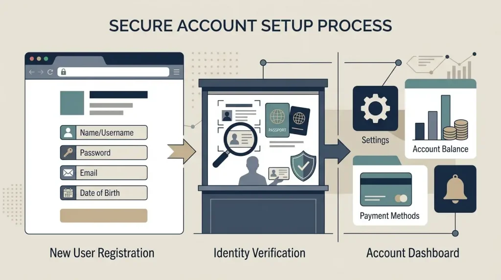Editorial illustration of a secure browser, generic signup form shapes and an identity verification checkpoint