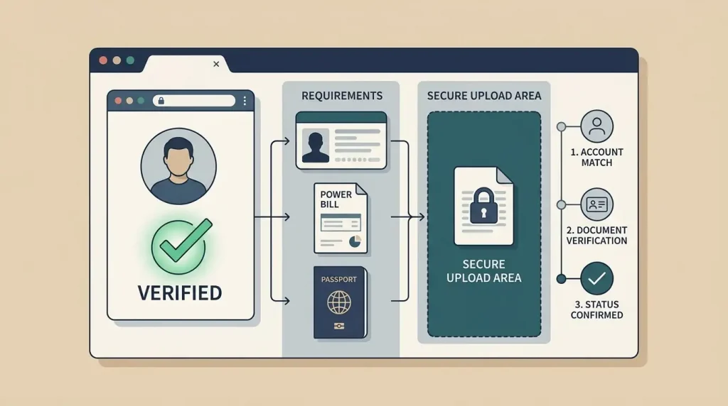 Editorial illustration of a secure identity verification process with generic ID shapes and a protected upload checkpoint