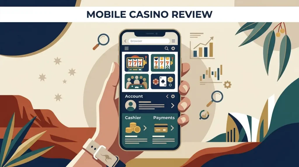 Editorial illustration of a smartphone showing a generic responsive casino layout in a mobile browser