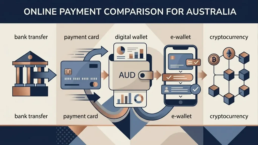 Editorial illustration of bank transfer, card, e-wallet and crypto payment categories around an Australian dollar wallet
