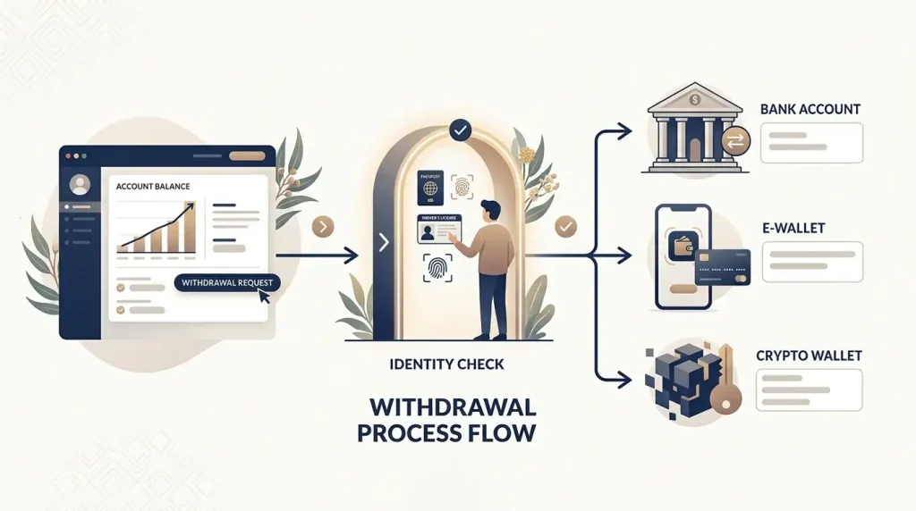 Editorial illustration showing a payout flow from account balance through identity verification to a bank or digital wallet destination