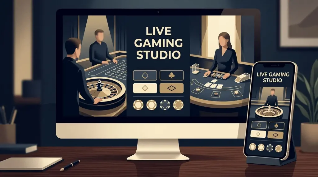 Generic live dealer studio with roulette and blackjack tables viewed across desktop and mobile screens