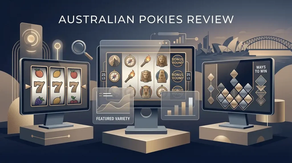 Generic modern online pokies scene with different reel styles and an Australian editorial feel